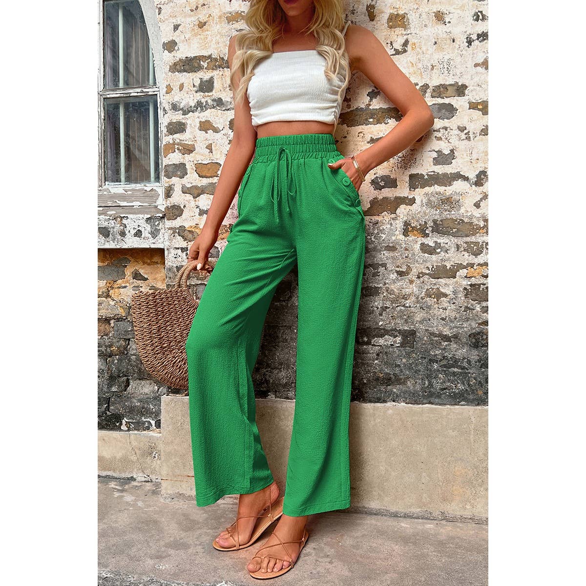 Elastic Waist Solid Pockets Button Trim Pants - MVTFASHION.COM