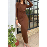 Elegant Round Neck Solid Ruched Wrap Hem Dress - MVTFASHION.COM