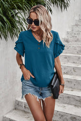 Solid Button V Neck Ruffle Sleeves Loose Fit Blouse - MVTFASHION.COM