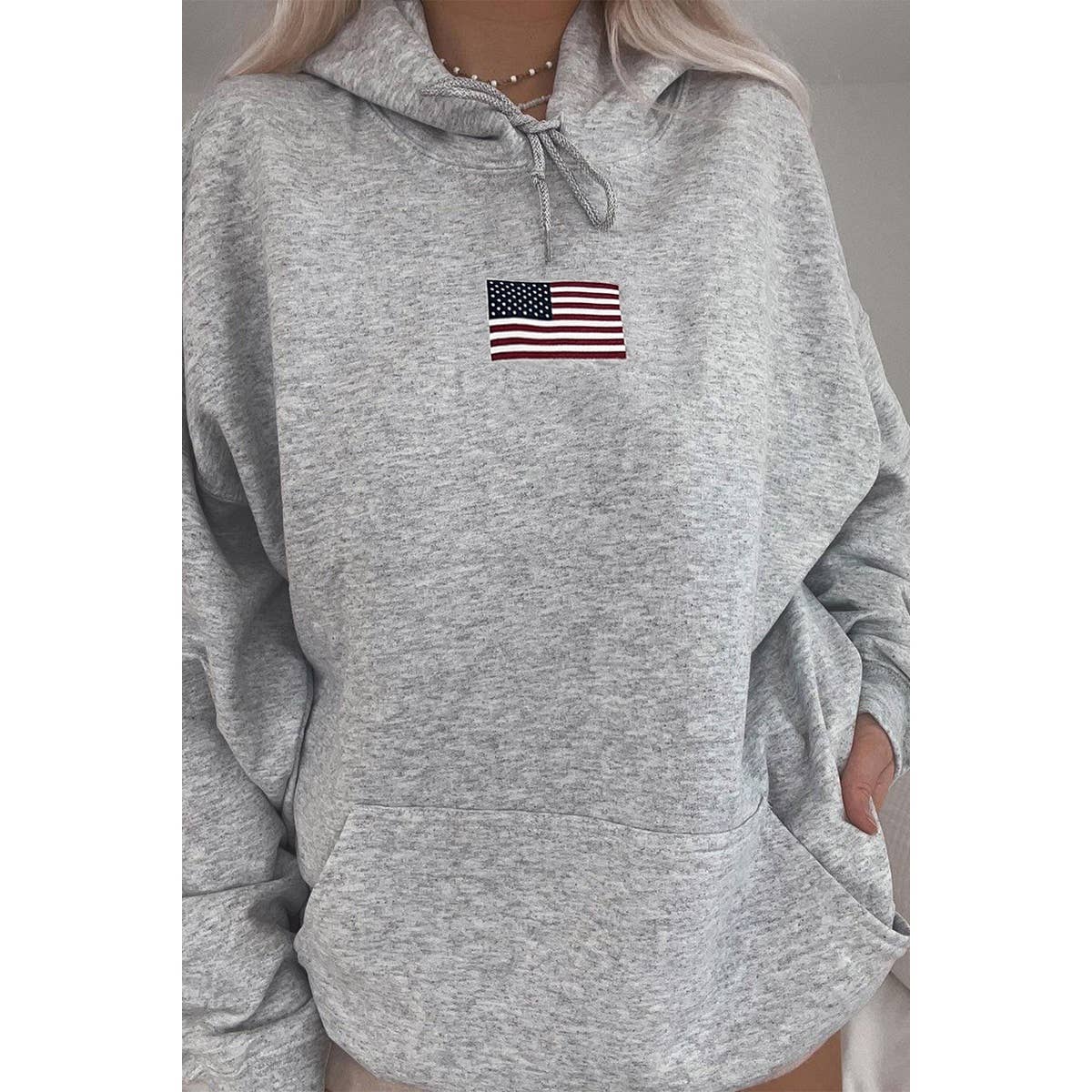 Flag Drawstring Drop Shoulder Pocket Loose Hoodie - MVTFASHION.COM