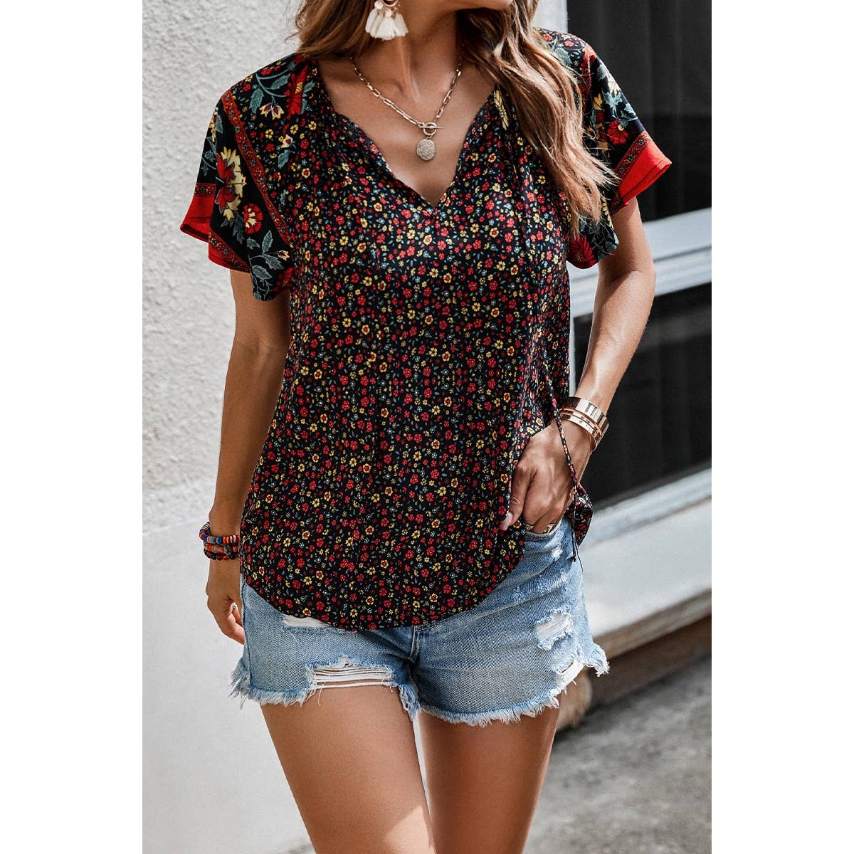 Floral Boho Ruffle V Neck Short Sleeve Loose Shirt - MVTFASHION.COM