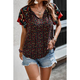 Floral Boho Ruffle V Neck Short Sleeve Loose Shirt - MVTFASHION.COM