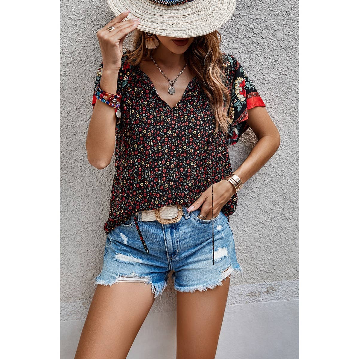 Floral Boho Ruffle V Neck Short Sleeve Loose Shirt - MVTFASHION.COM