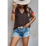 Floral Boho Ruffle V Neck Short Sleeve Loose Shirt - MVTFASHION.COM