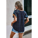 Floral Boho Ruffle V Neck Short Sleeve Loose Shirt - MVTFASHION.COM