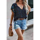 Floral Boho Ruffle V Neck Short Sleeve Loose Shirt - MVTFASHION.COM