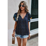 Floral Boho Ruffle V Neck Short Sleeve Loose Shirt - MVTFASHION.COM