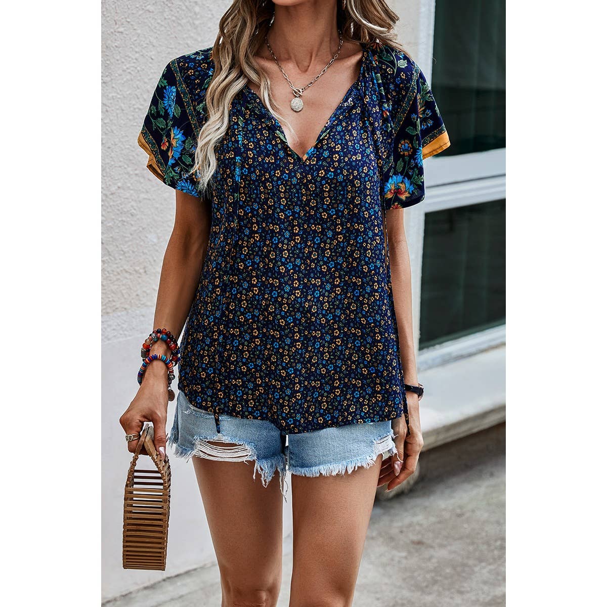 Floral Boho Ruffle V Neck Short Sleeve Loose Shirt - MVTFASHION.COM