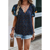 Floral Boho Ruffle V Neck Short Sleeve Loose Shirt - MVTFASHION.COM
