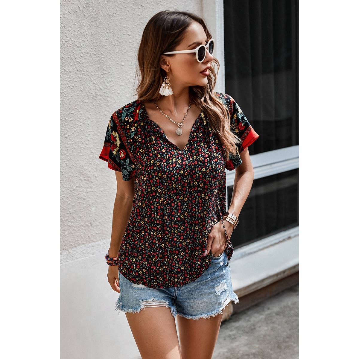 Floral Boho Ruffle V Neck Short Sleeve Loose Shirt - MVTFASHION.COM