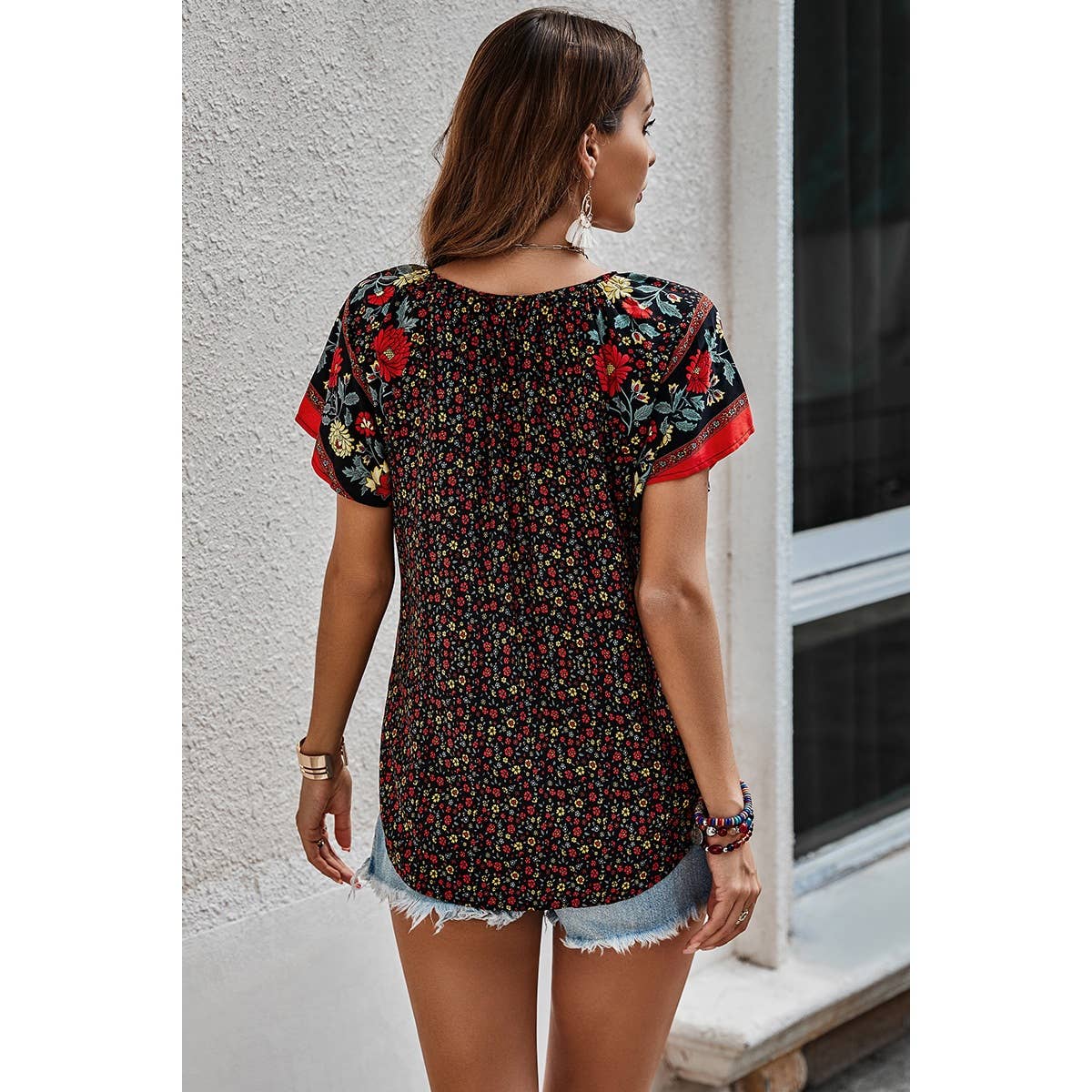 Floral Boho Ruffle V Neck Short Sleeve Loose Shirt - MVTFASHION.COM