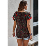 Floral Boho Ruffle V Neck Short Sleeve Loose Shirt - MVTFASHION.COM