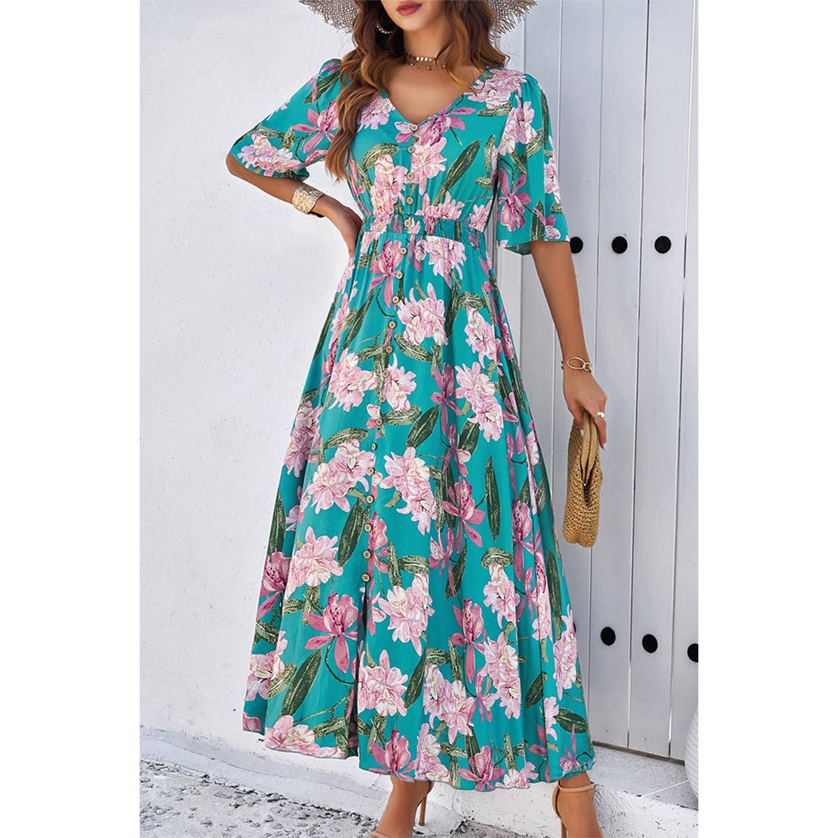 Floral Button Trim Fit High Elastic Waist Dress - MVTFASHION.COM