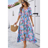 Floral Button Trim Fit High Elastic Waist Dress - MVTFASHION.COM