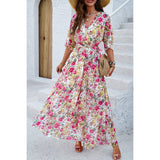 Floral Cross V Neck Belt Side Open Fit Dress - MVTFASHION.COM