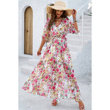 Floral Cross V Neck Belt Side Open Fit Dress - MVTFASHION.COM