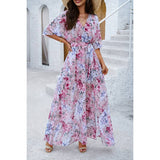 Floral Cross V Neck Belt Side Open Fit Dress - MVTFASHION.COM