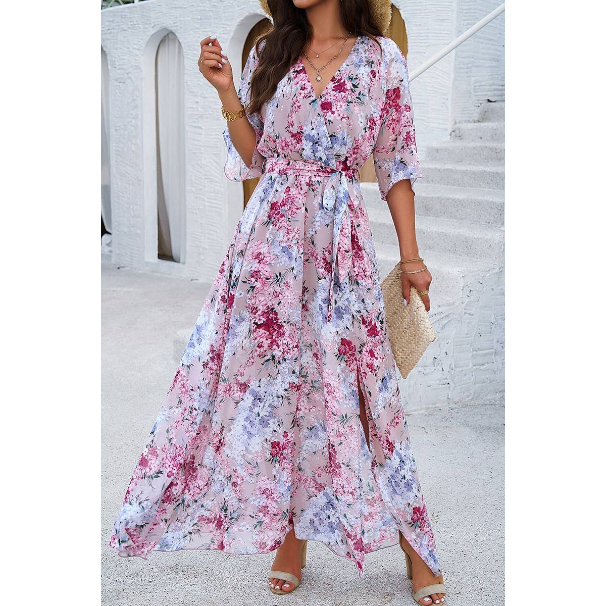 Floral Cross V Neck Belt Side Open Fit Dress - MVTFASHION.COM