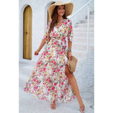 Floral Cross V Neck Belt Side Open Fit Dress - MVTFASHION.COM