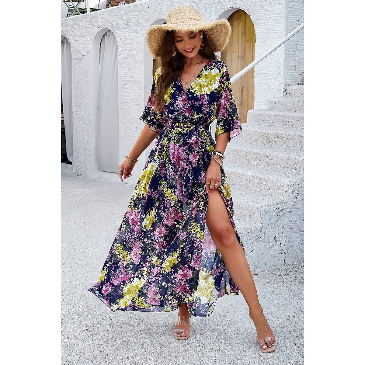 Floral Cross V Neck Belt Side Open Fit Dress - MVTFASHION.COM