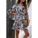 Floral Cross V Neck Ruffle Trim Lined Short Dress - MVTFASHION.COM