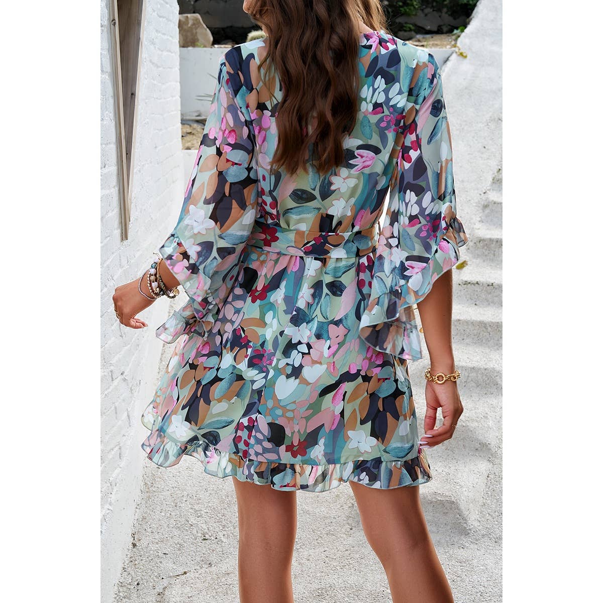 Floral Cross V Neck Ruffle Trim Lined Short Dress - MVTFASHION.COM