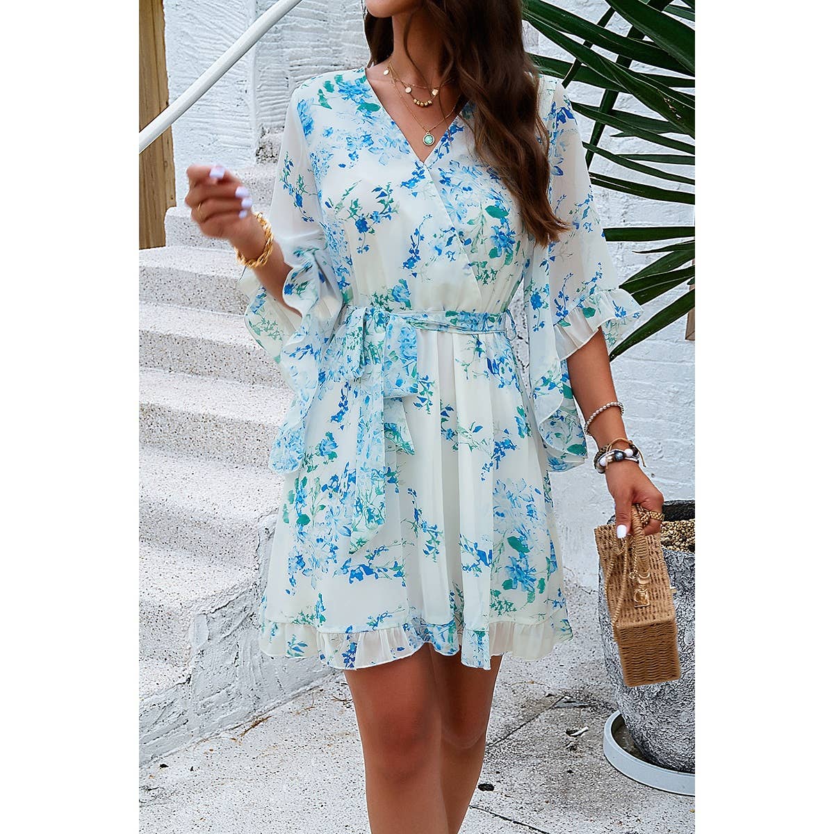 Floral Cross V Neck Ruffle Trim Lined Short Dress - MVTFASHION.COM