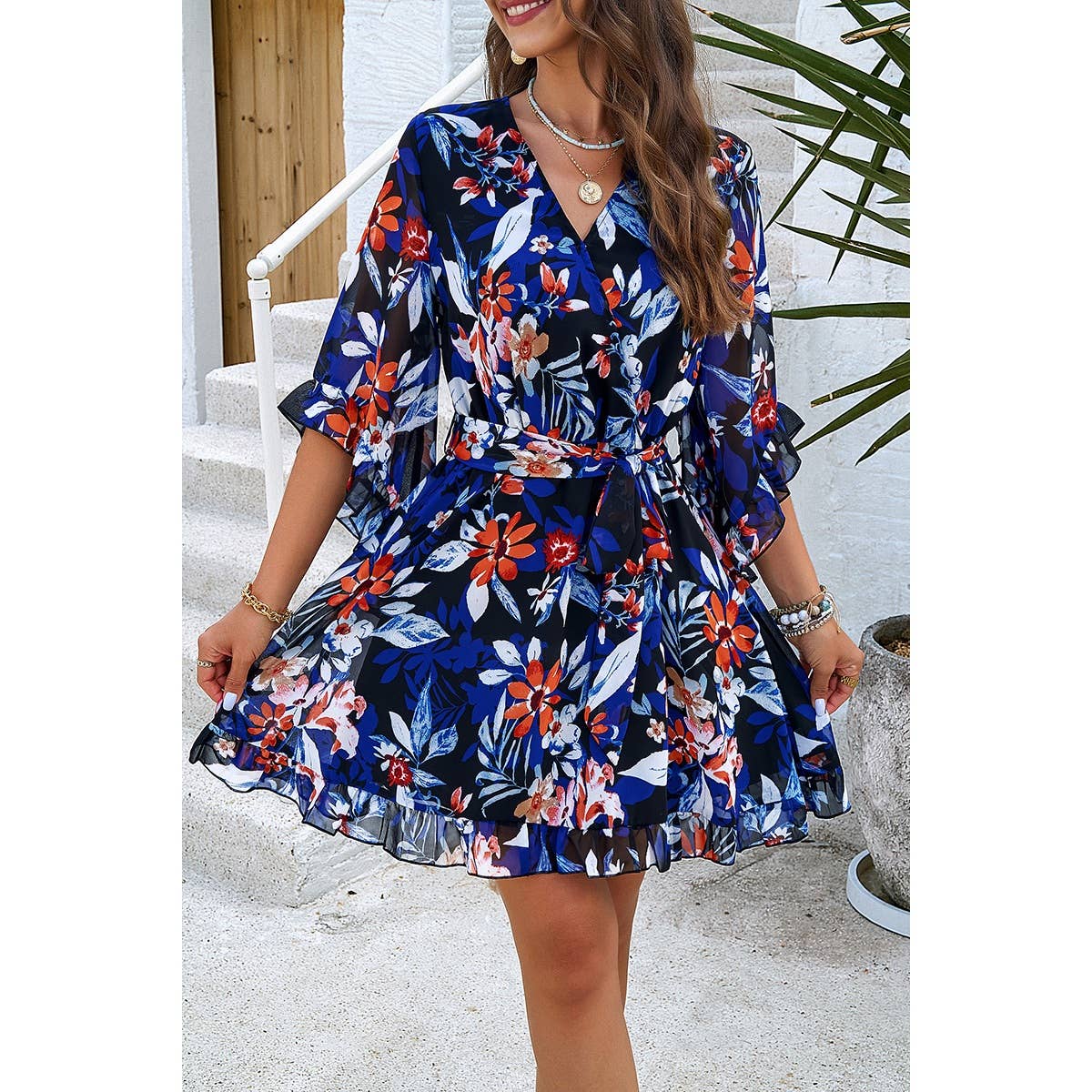 Floral Cross V Neck Ruffle Trim Lined Short Dress - MVTFASHION.COM