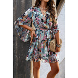 Floral Cross V Neck Ruffle Trim Lined Short Dress - MVTFASHION.COM