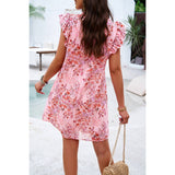 Floral Cross V Neck Ruffle Trim Lined Short Dress - MVTFASHION.COM