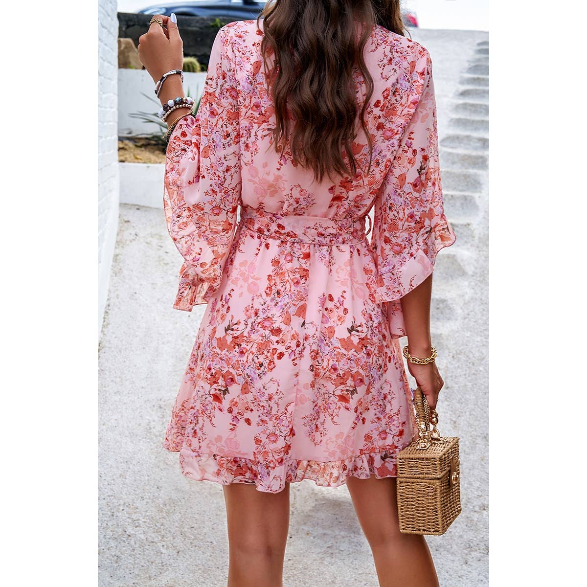 Floral Cross V Neck Ruffle Trim Lined Short Dress - MVTFASHION.COM