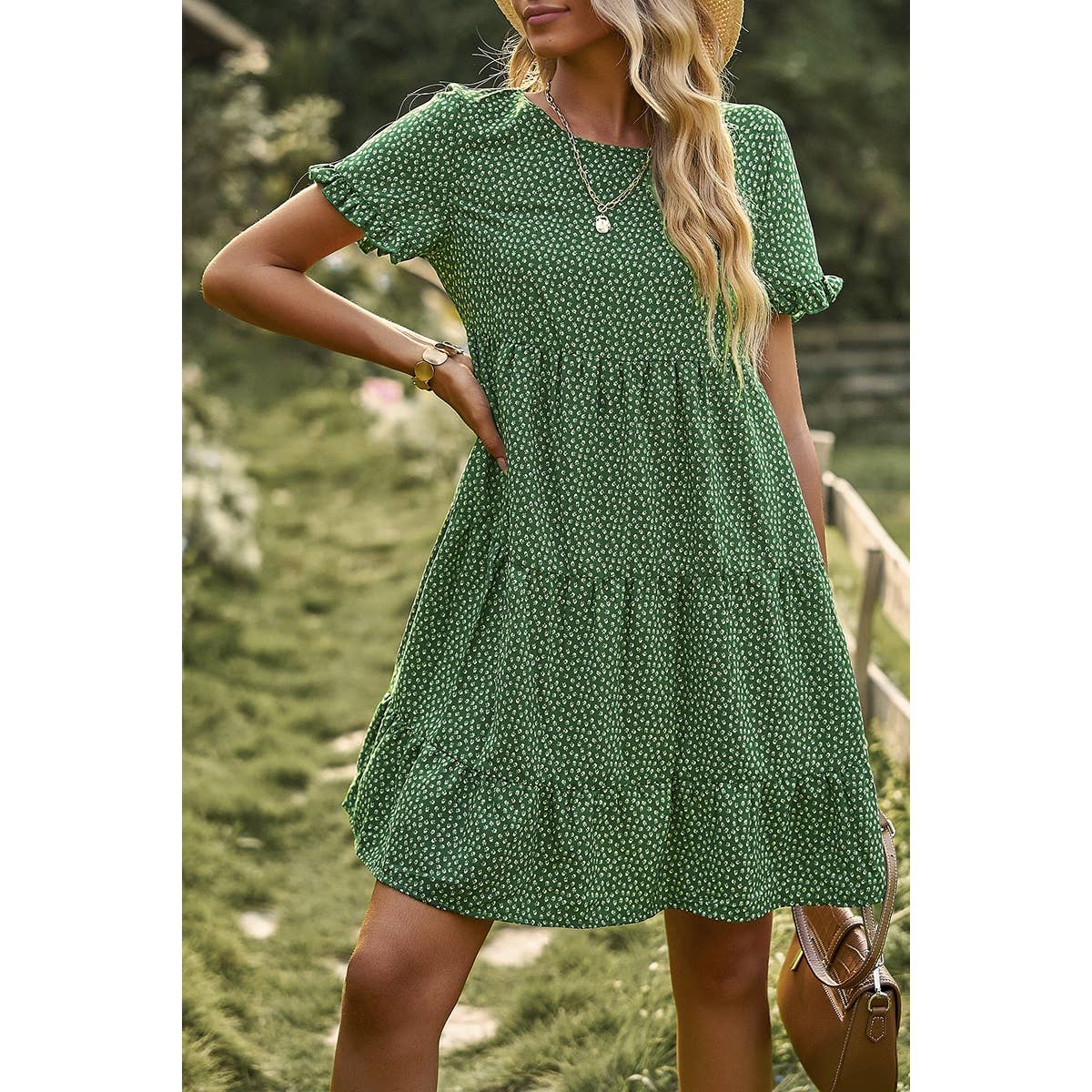 Floral Dot Ruffle Loss Fit Babydoll Dress - MVTFASHION.COM