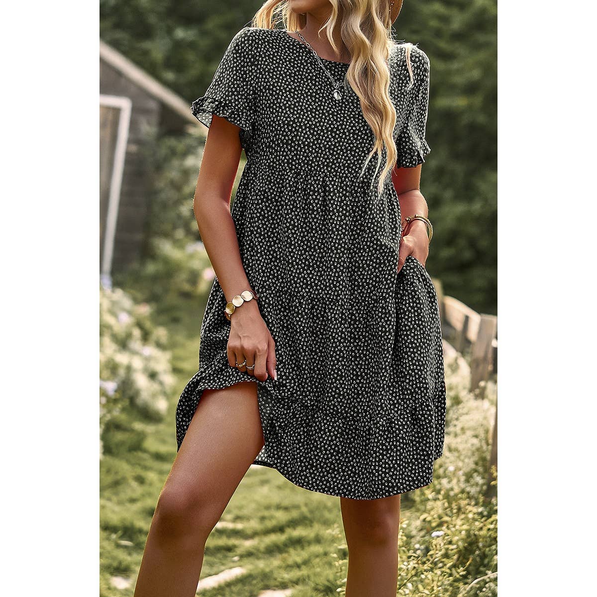 Floral Dot Ruffle Loss Fit Babydoll Dress - MVTFASHION.COM