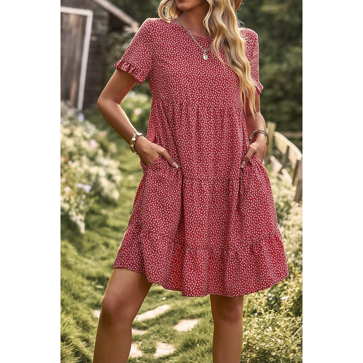 Floral Dot Ruffle Loss Fit Babydoll Dress - MVTFASHION.COM