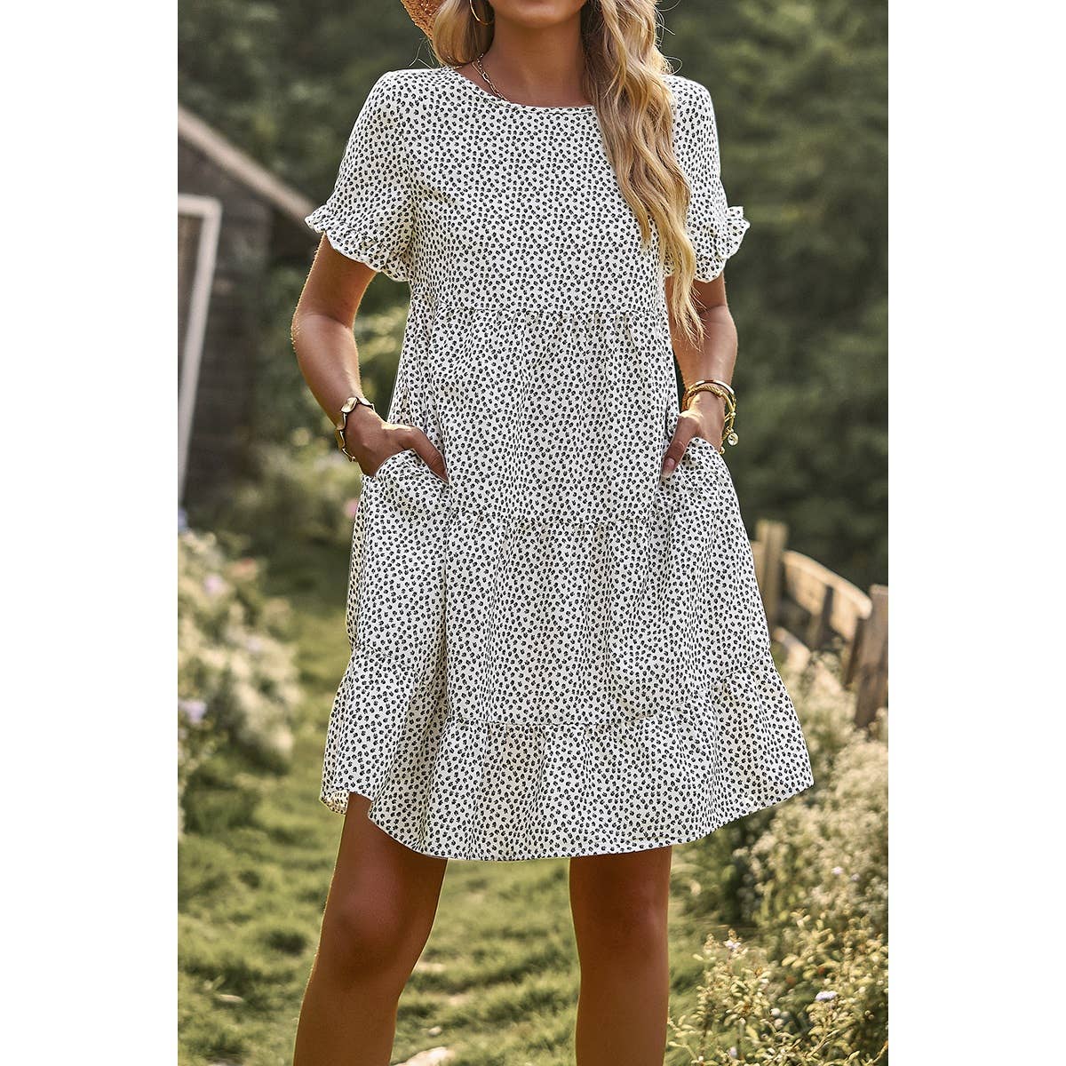 Floral Dot Ruffle Loss Fit Babydoll Dress - MVTFASHION.COM