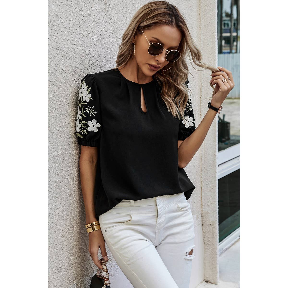 Floral Keyhole Neckline Loose Puff Sleeve Blouse - MVTFASHION.COM