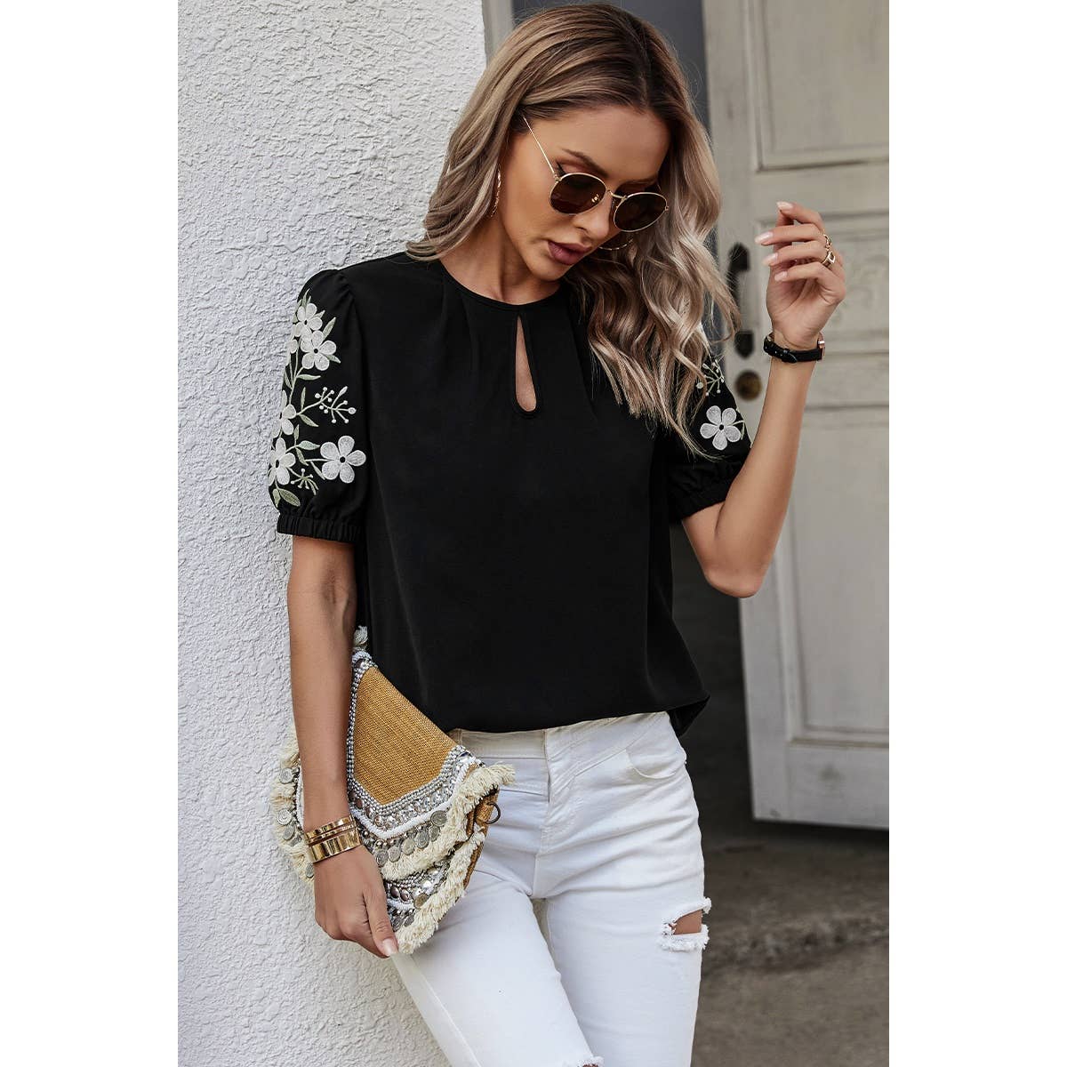 Floral Keyhole Neckline Loose Puff Sleeve Blouse - MVTFASHION.COM