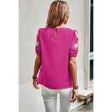 Floral Keyhole Neckline Loose Puff Sleeve Blouse - MVTFASHION.COM
