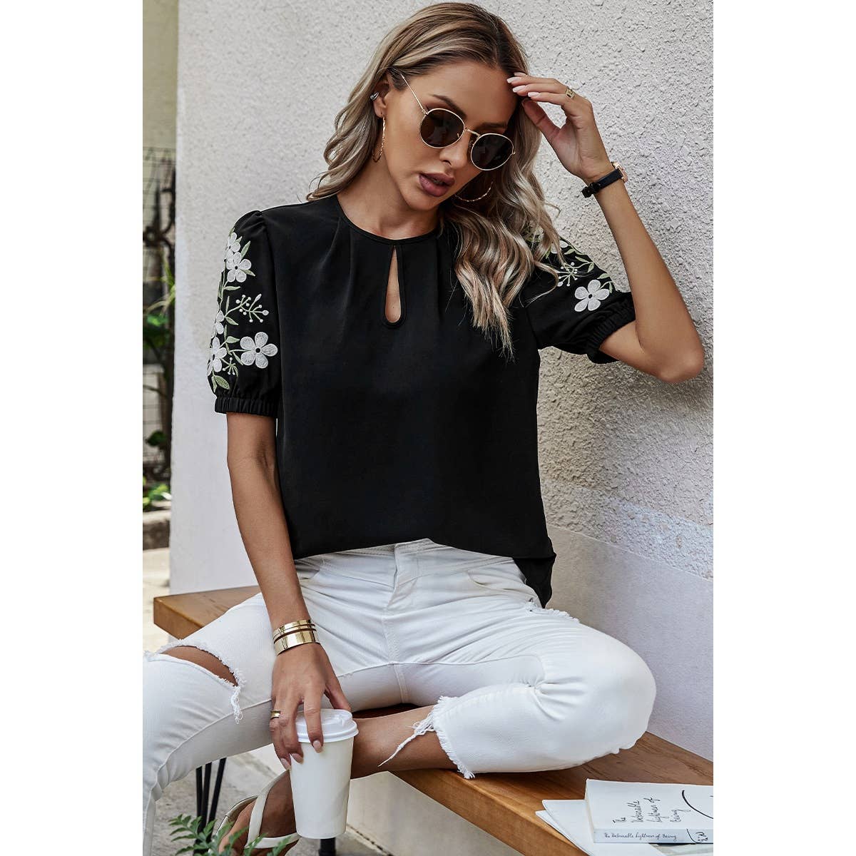 Floral Keyhole Neckline Loose Puff Sleeve Blouse - MVTFASHION.COM