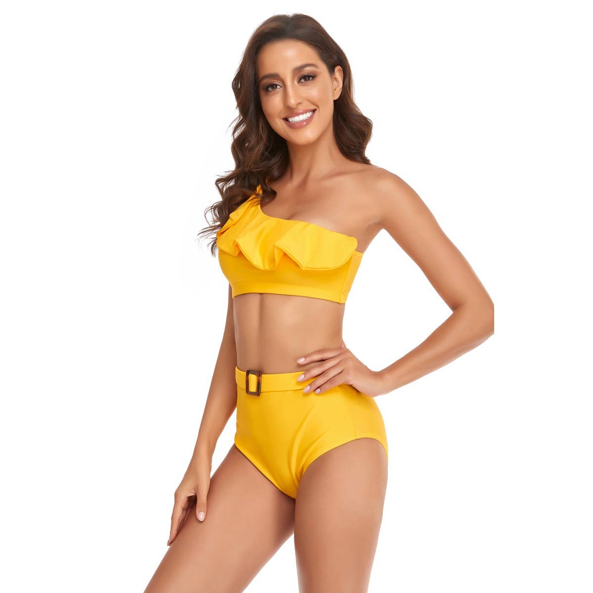 Floral One Shoulder Ruffles Split High Waist Sets - MVTFASHION.COM