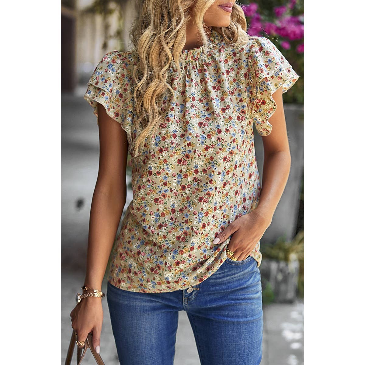 Floral Print Cowl Neck Flutter Sleeve Top - MVTFASHION.COM