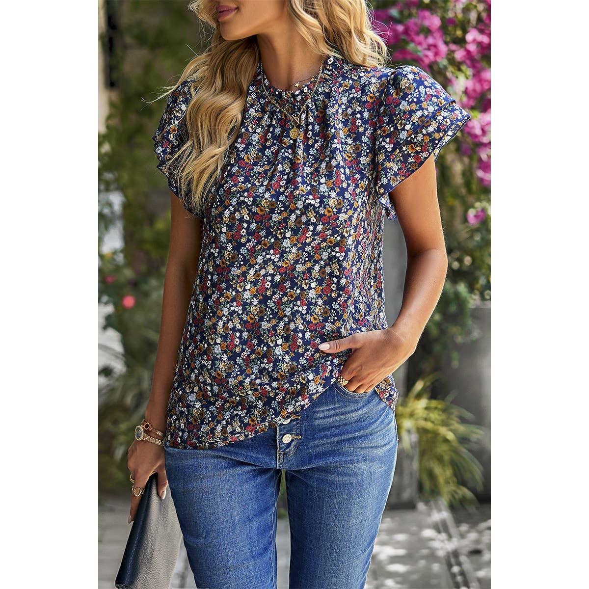 Floral Print Cowl Neck Flutter Sleeve Top - MVTFASHION.COM