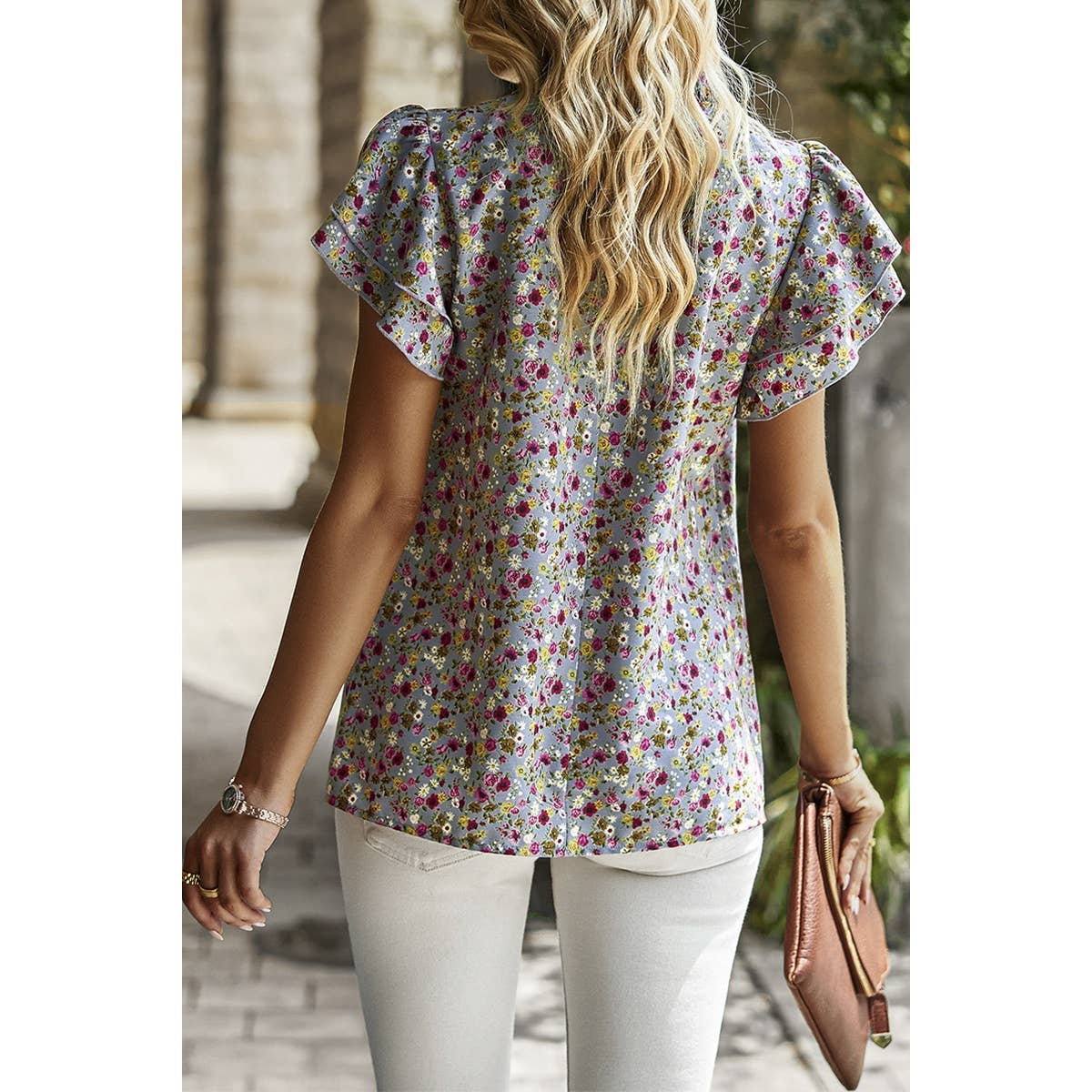 Floral Print Cowl Neck Flutter Sleeve Top - MVTFASHION.COM