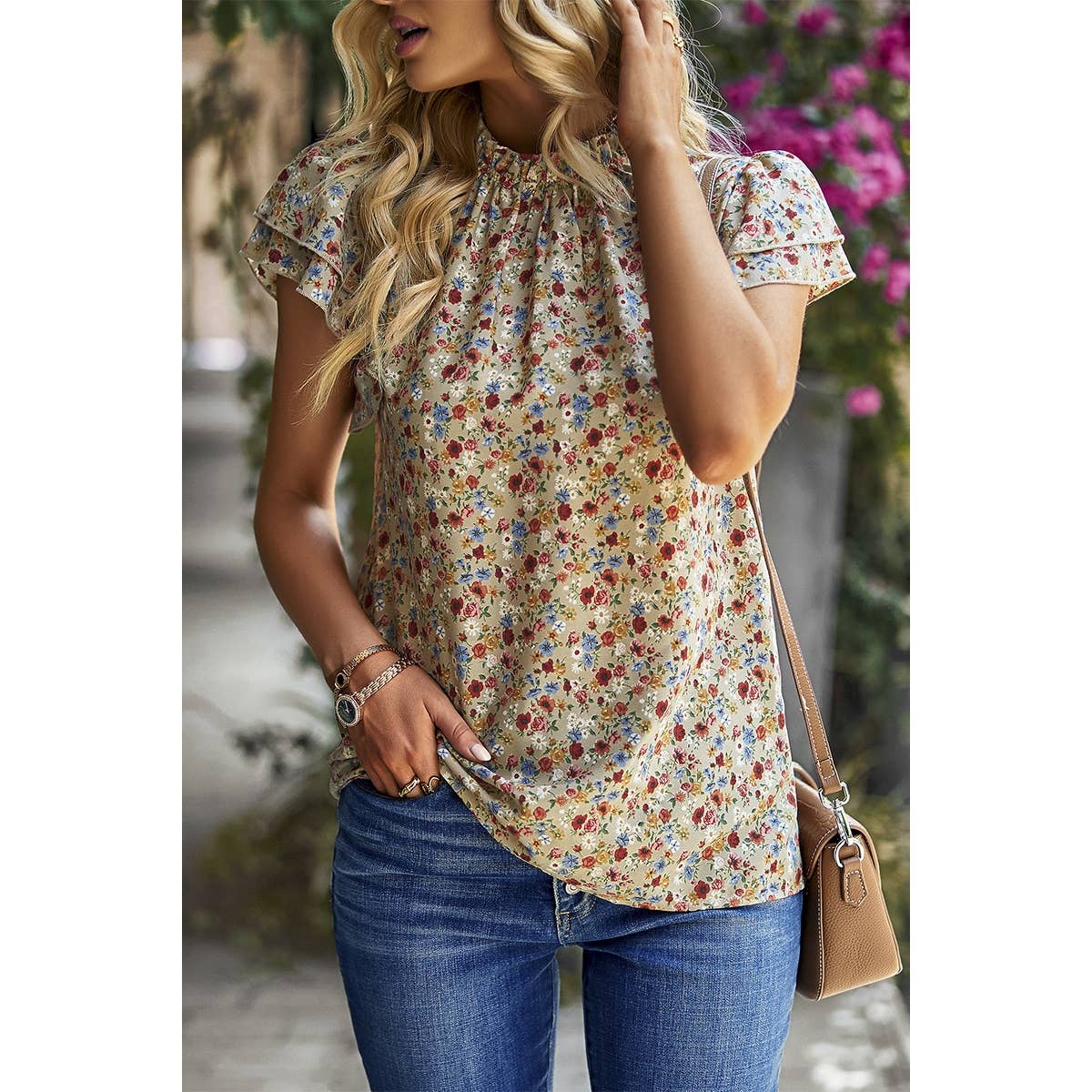 Floral Print Cowl Neck Flutter Sleeve Top - MVTFASHION.COM