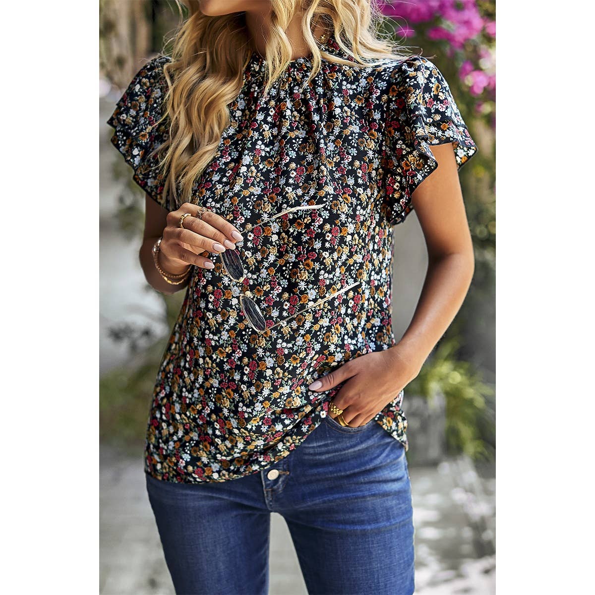 Floral Print Cowl Neck Flutter Sleeve Top - MVTFASHION.COM