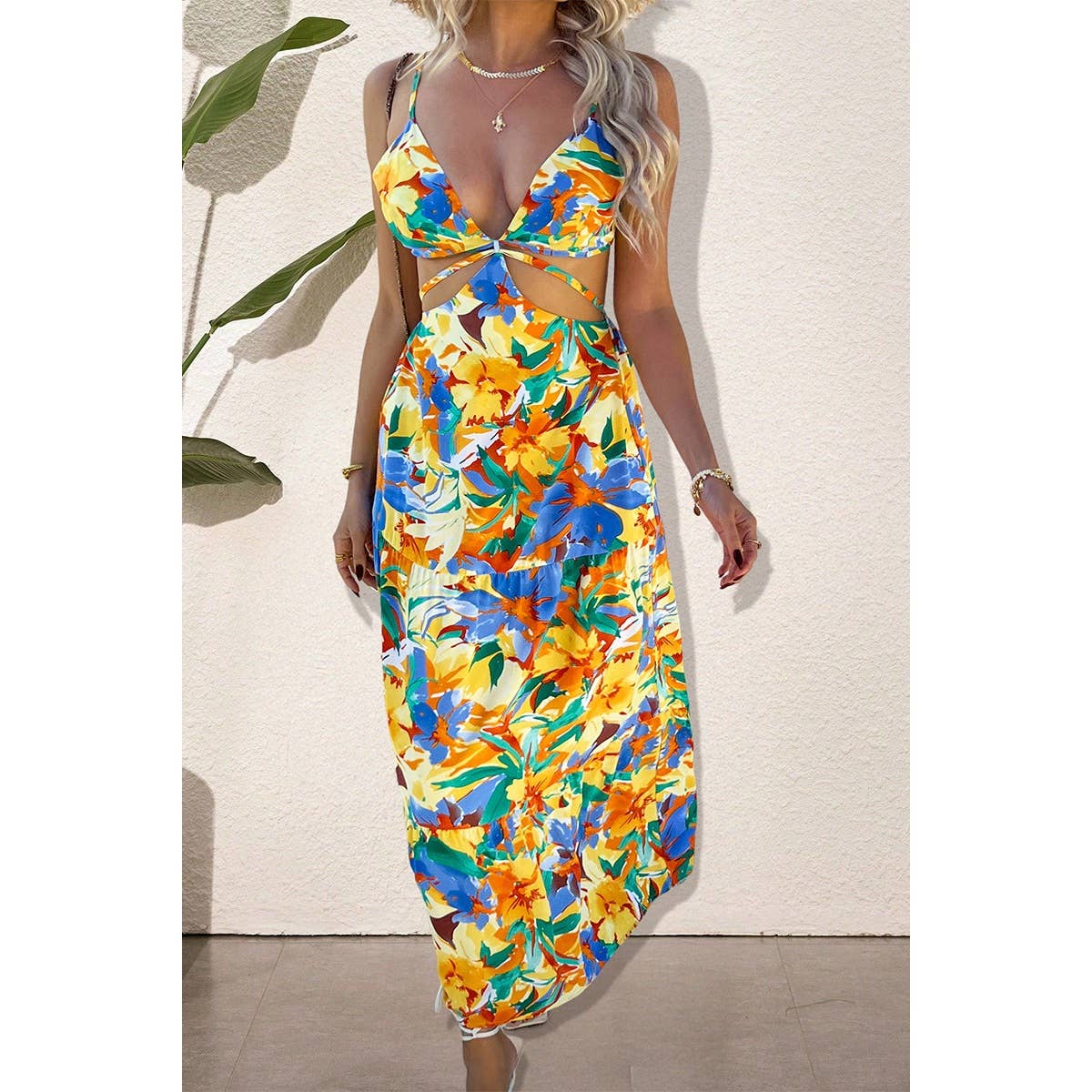 Floral Print Cut Out Color Block Full Dress - MVTFASHION.COM