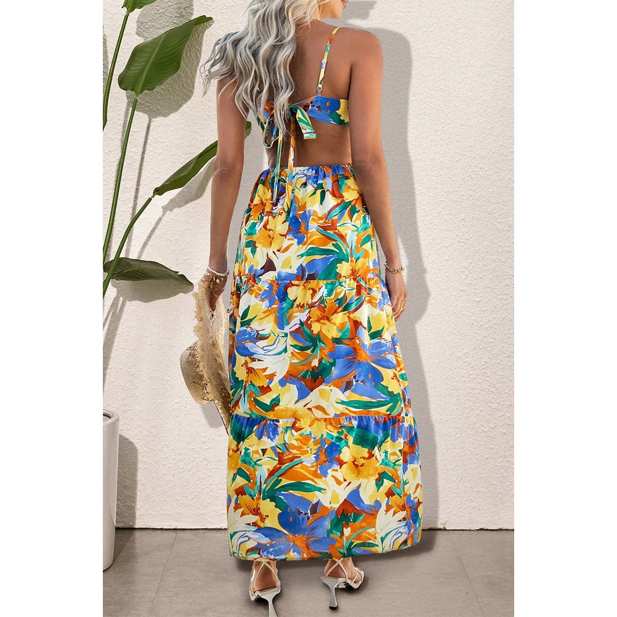 Floral Print Cut Out Color Block Full Dress - MVTFASHION.COM
