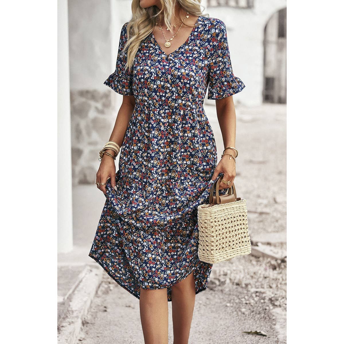 Floral Print Fit Ruffle Sleeve Midi Dress - MVTFASHION.COM