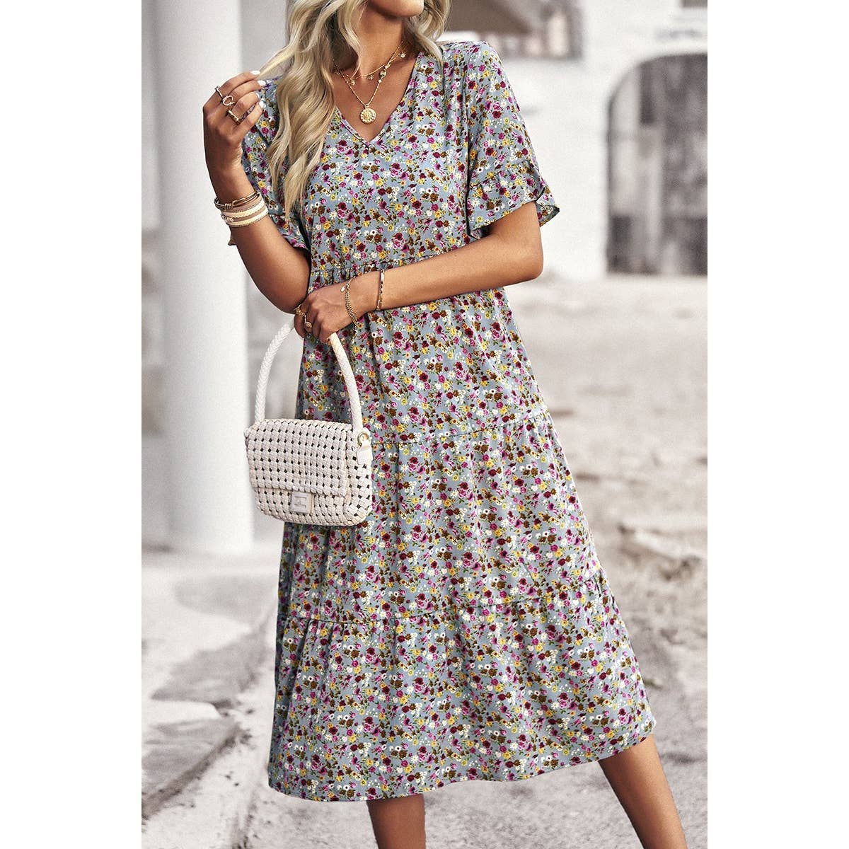 Floral Print Fit Ruffle Sleeve Midi Dress - MVTFASHION.COM