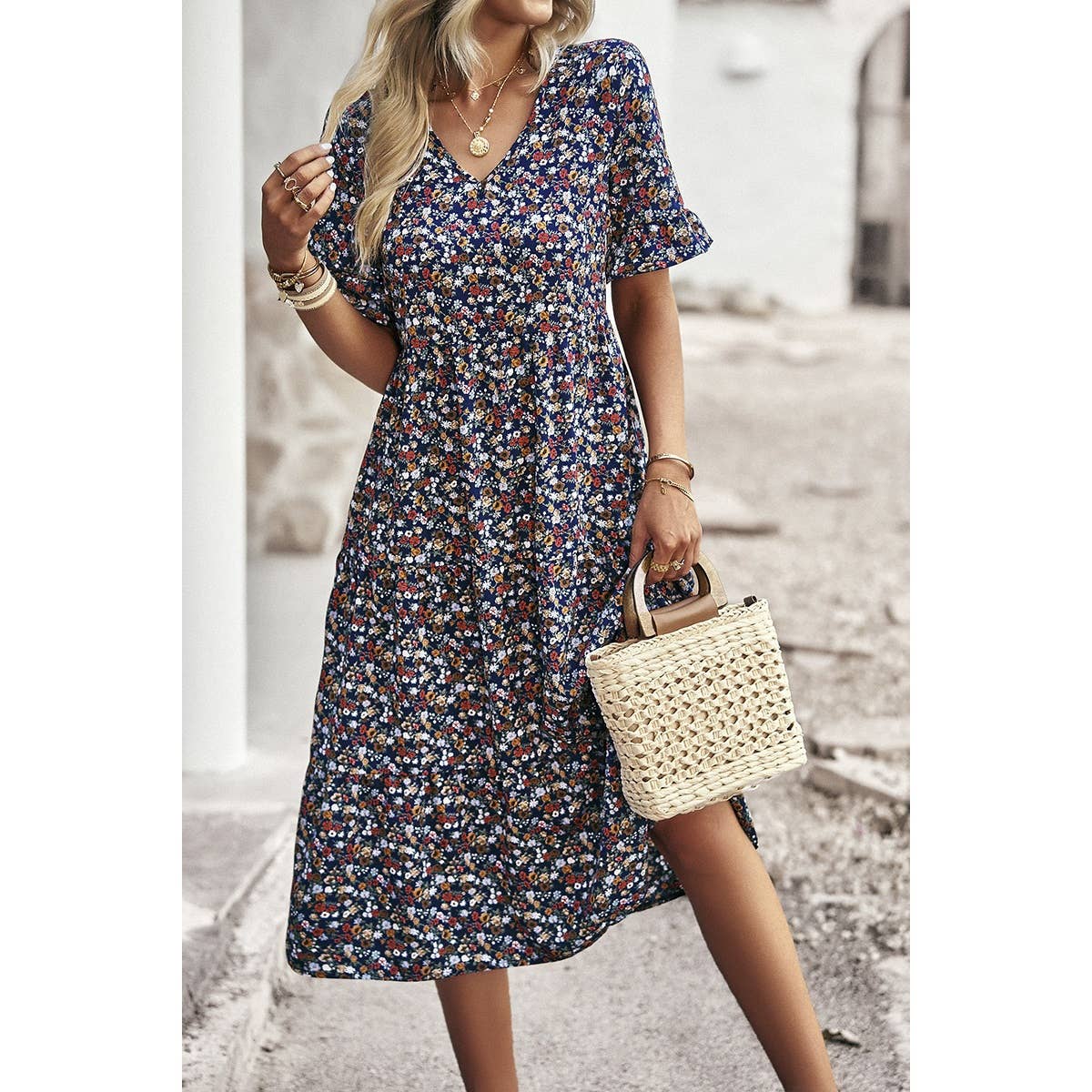 Floral Print Fit Ruffle Sleeve Midi Dress - MVTFASHION.COM